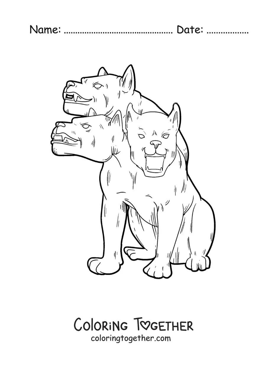 Coloring page of Cerberus with three heads