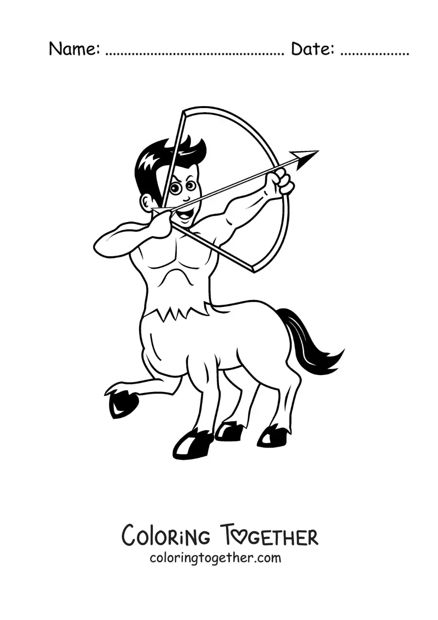 Coloring page of a cartoon archer centaur