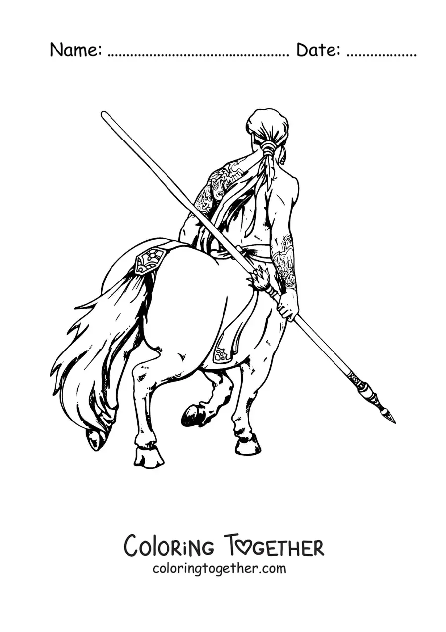 Coloring page of a realistic centaur seen from behind
