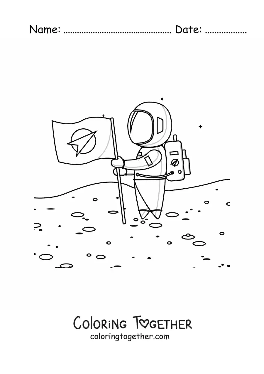 Coloring page of an astronaut planting a flag on the Moon