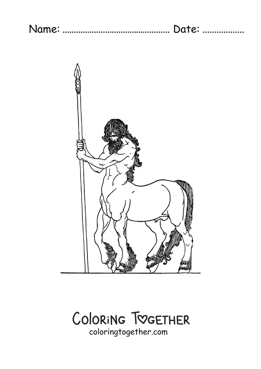 Coloring page of a realistic warrior centaur