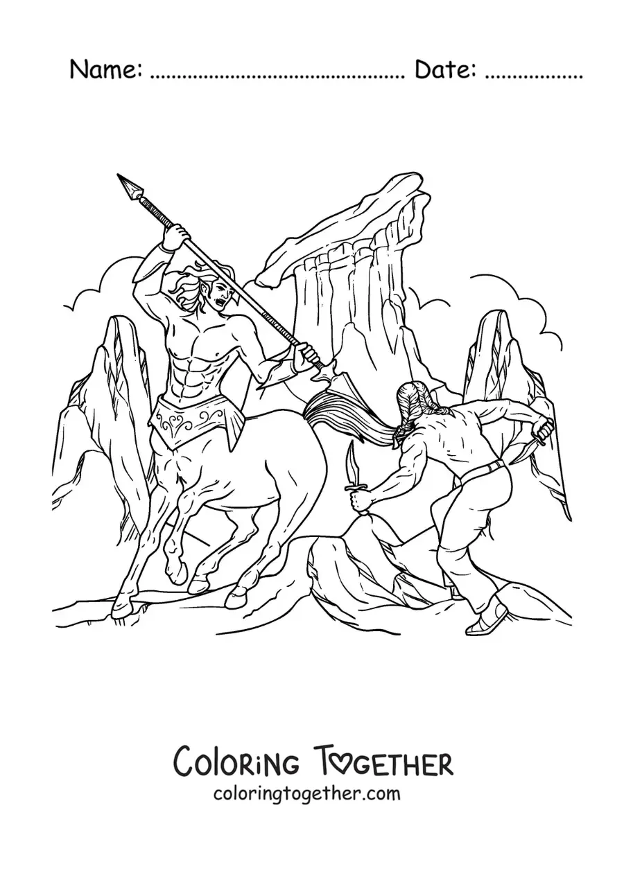 Coloring page of a warrior centaur in a battle