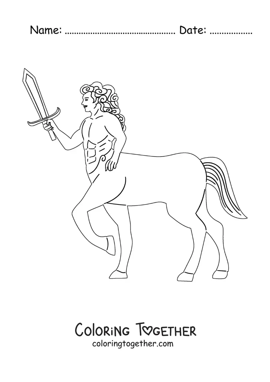 Coloring page of a centaur from mythology with a sword