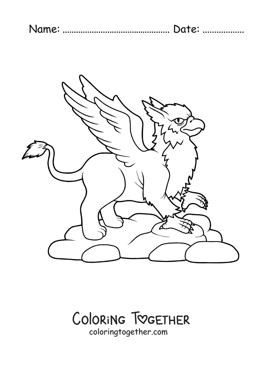 Coloring page of a cartoon winged griffin