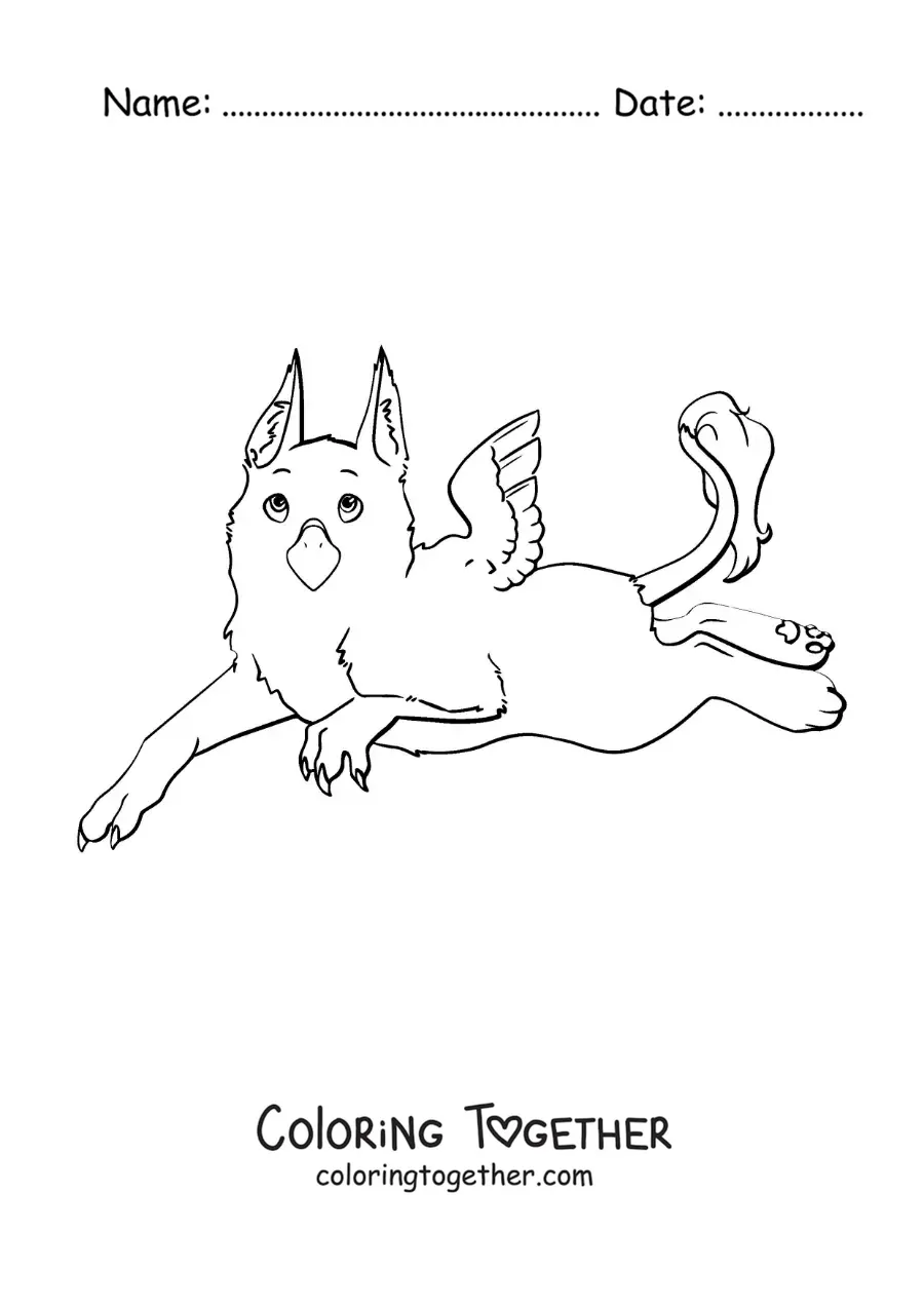 Coloring page of a cartoon mythological griffin lying down