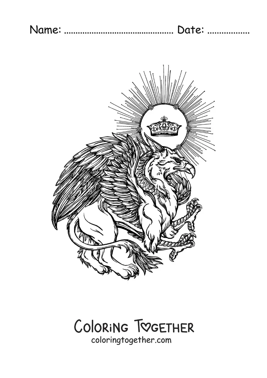 Coloring page of a realistic mythological griffin with a crown