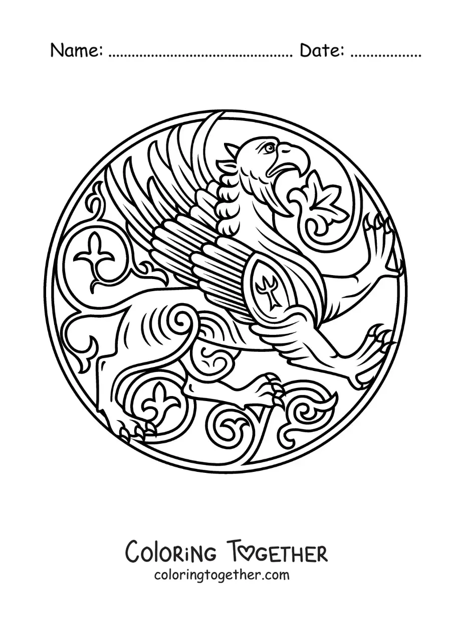 Coloring page of an emblem with a griffin from mythology