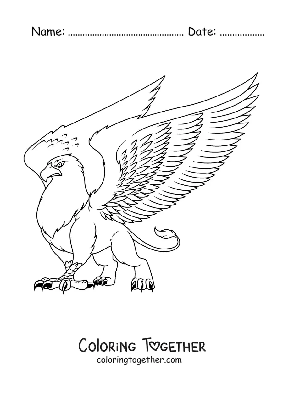 Coloring page of a griffin with its wings spread