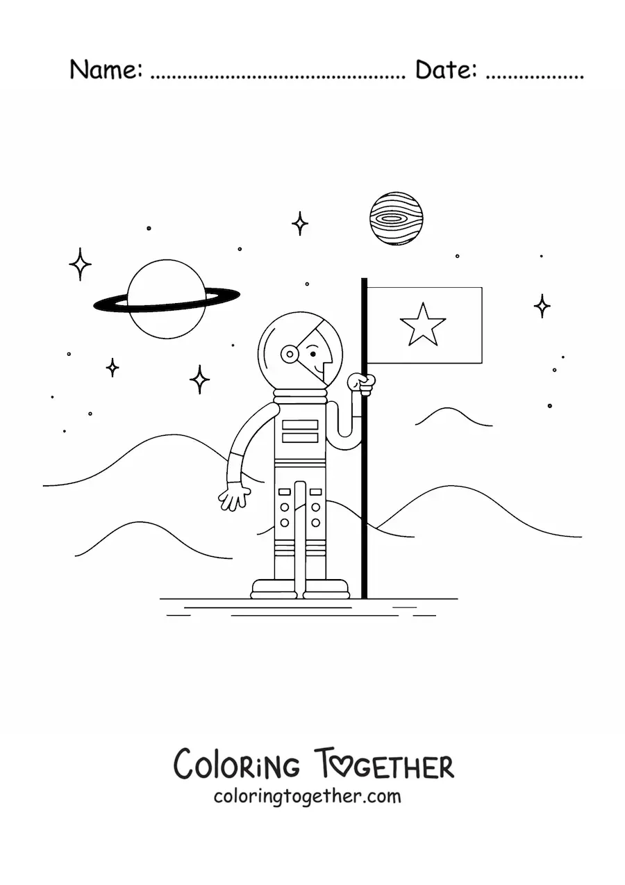 Coloring page of an astronaut with a flag on Mars