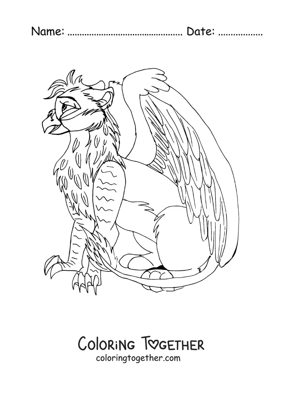 Coloring page of a cartoon griffin sitting