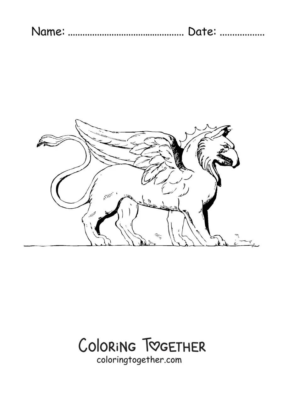Coloring page of a griffin from Greek mythology walking