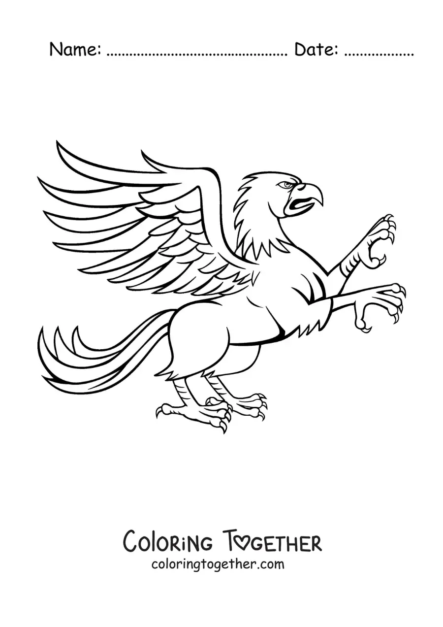 Coloring page of a griffin from Greek mythology standing on two legs