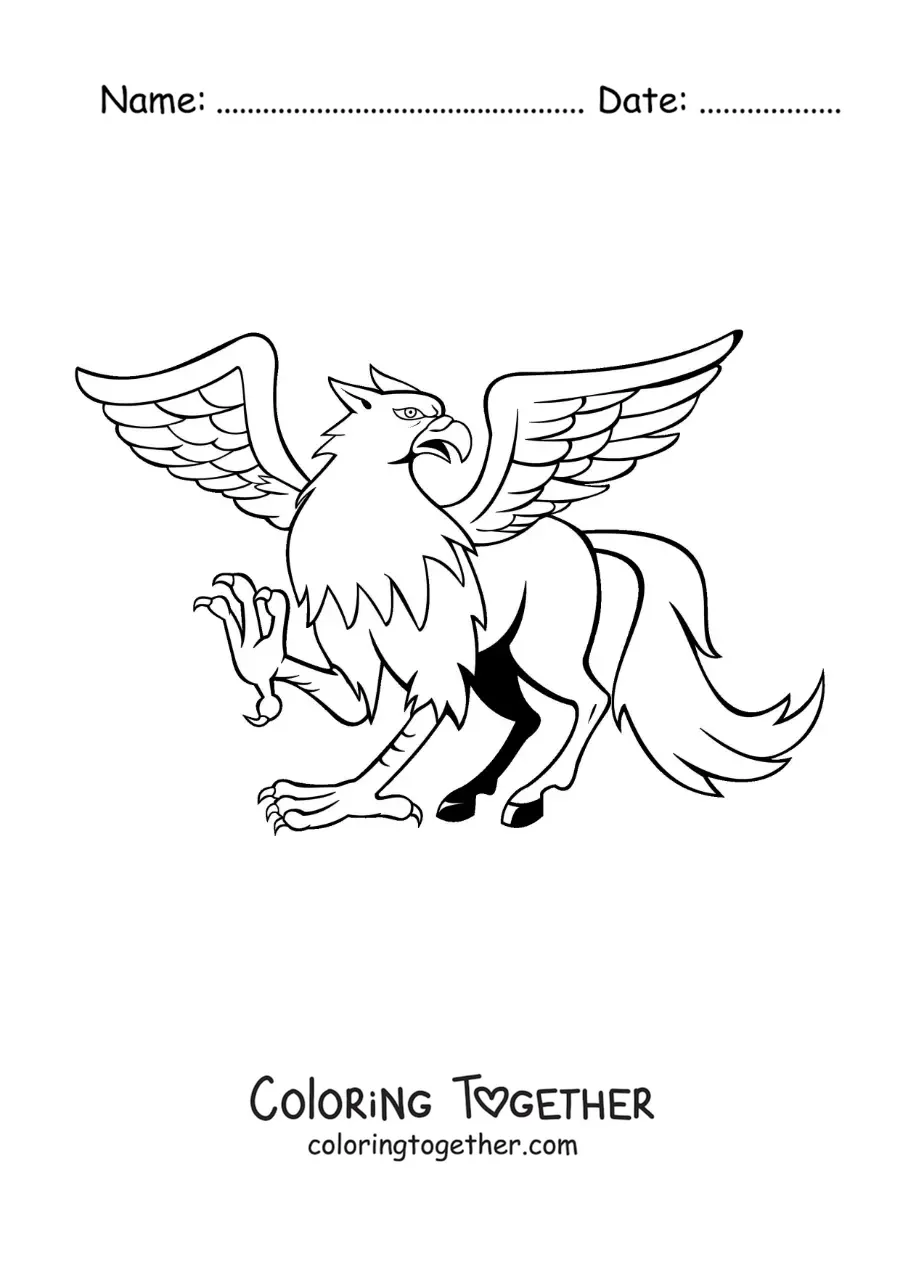 Coloring page of a winged griffin walking