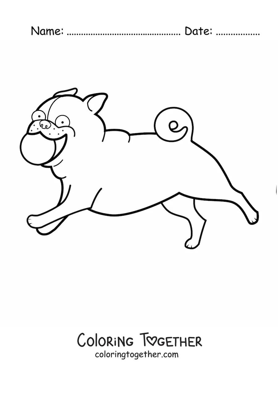 Coloring page of a pug running and biting a ball