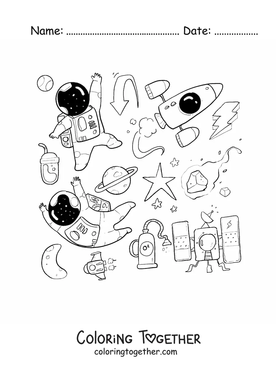 Coloring page of two animated astronauts surrounded by rockets and stars