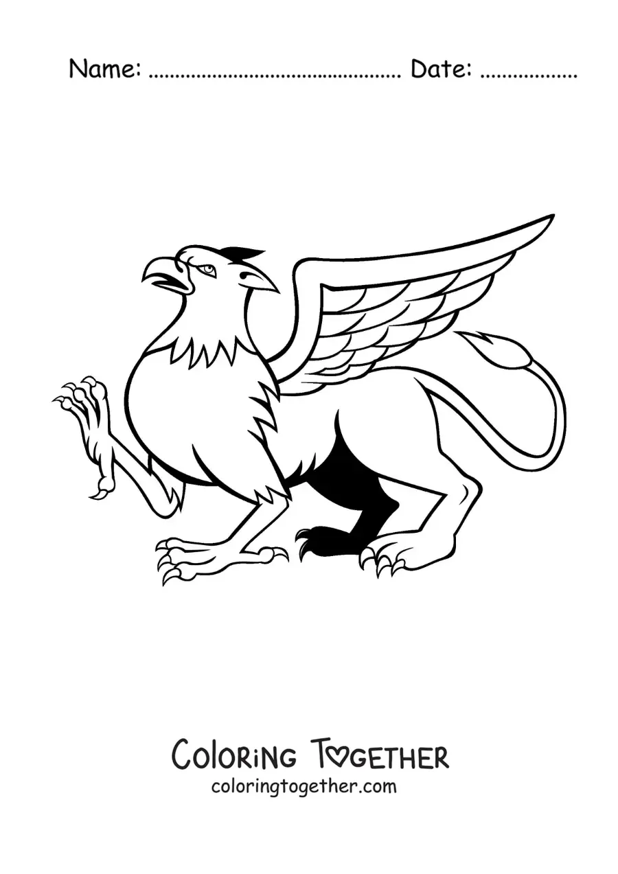 Coloring page of a mythological griffin walking