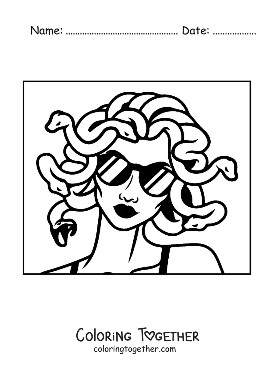 Coloring page of Medusa the goddess with sunglasses