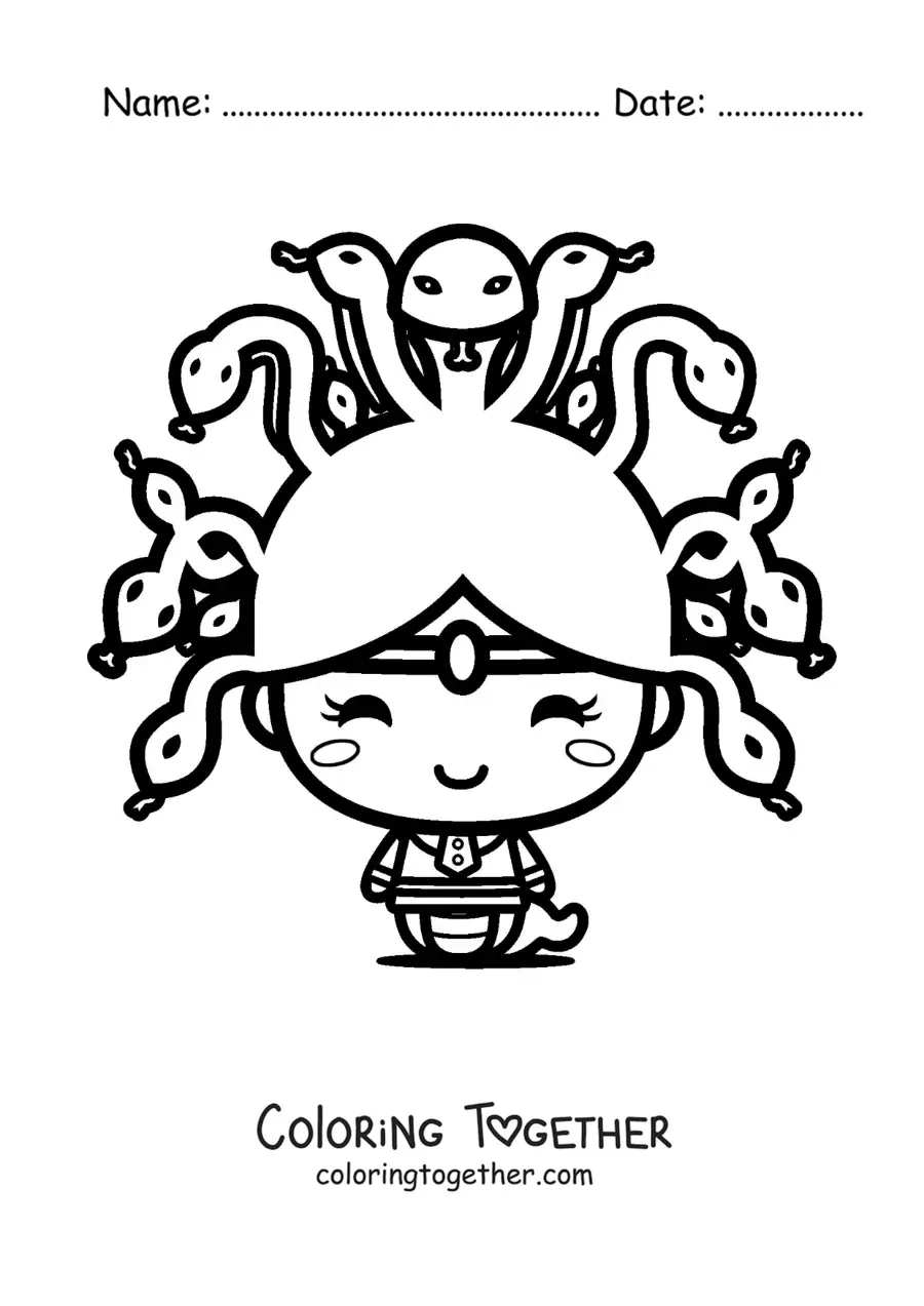 Coloring page of a kawaii Medusa from mythology