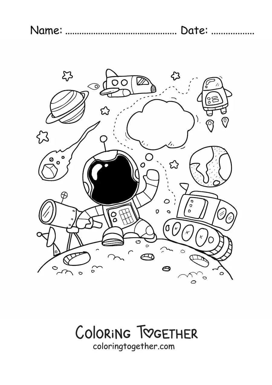 Coloring page of an animated astronaut surrounded by planets