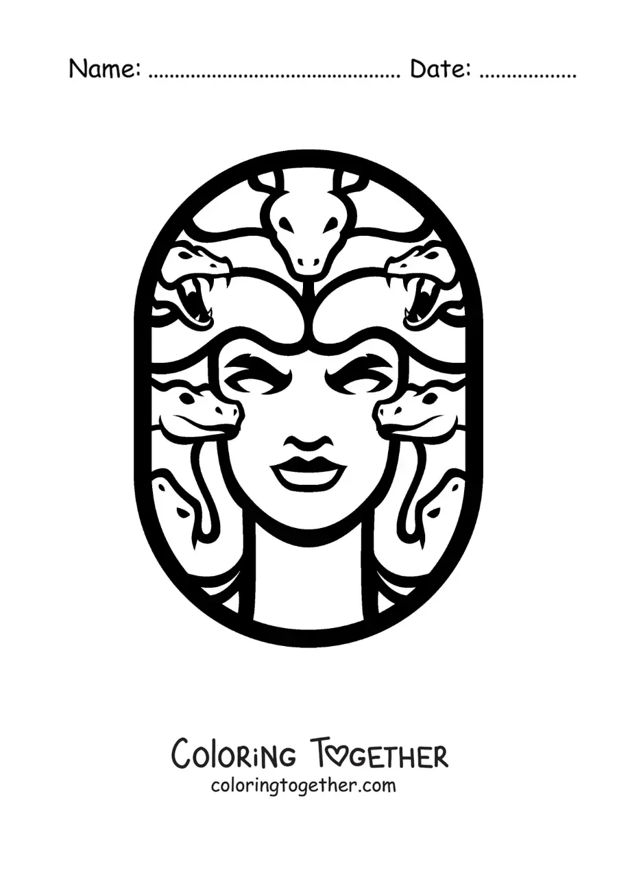 Coloring page of the head of Medusa with snakes