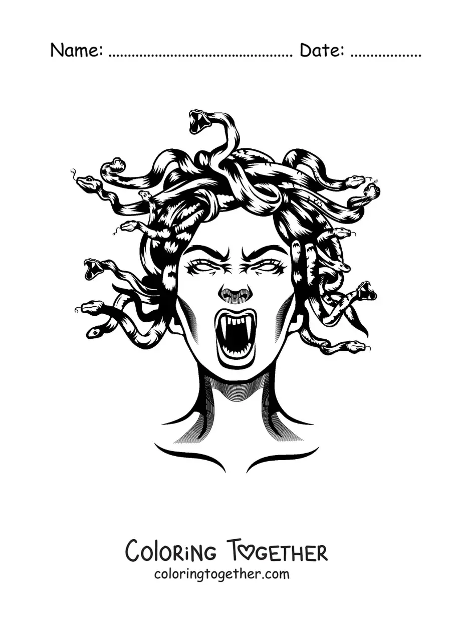 Coloring page of the scary head of Medusa