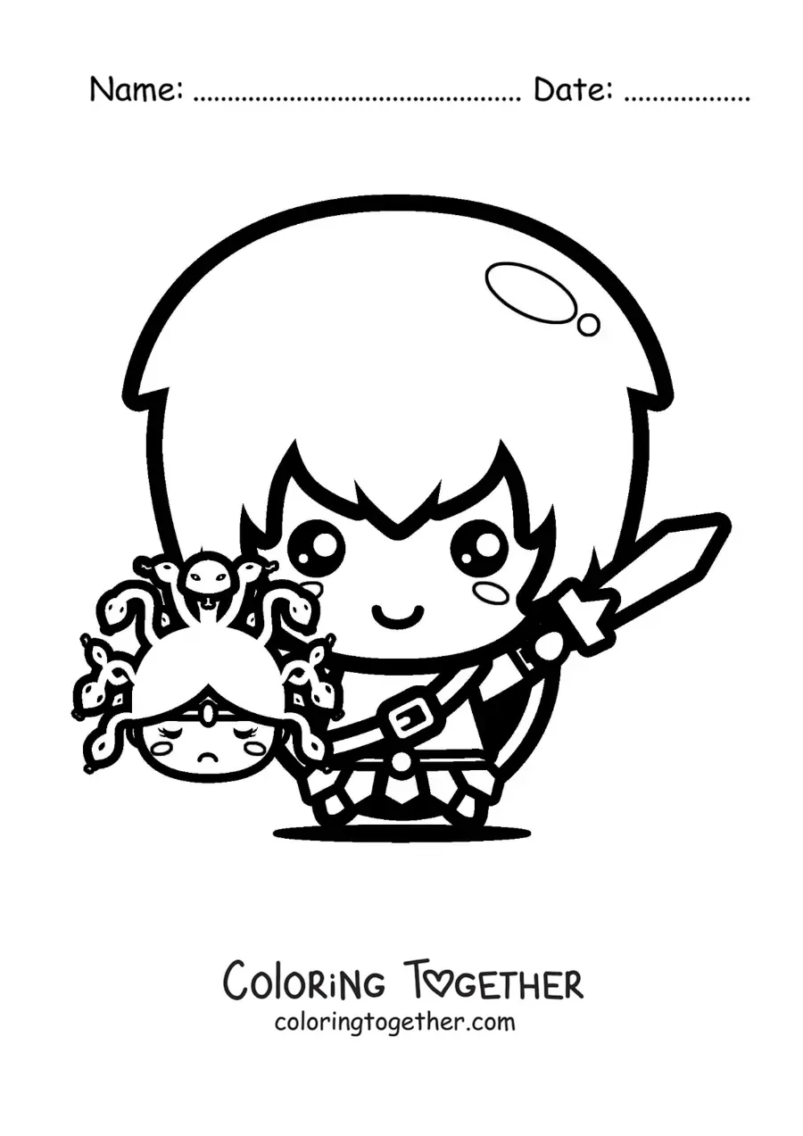 Coloring page of a kawaii Perseus with the head of Medusa