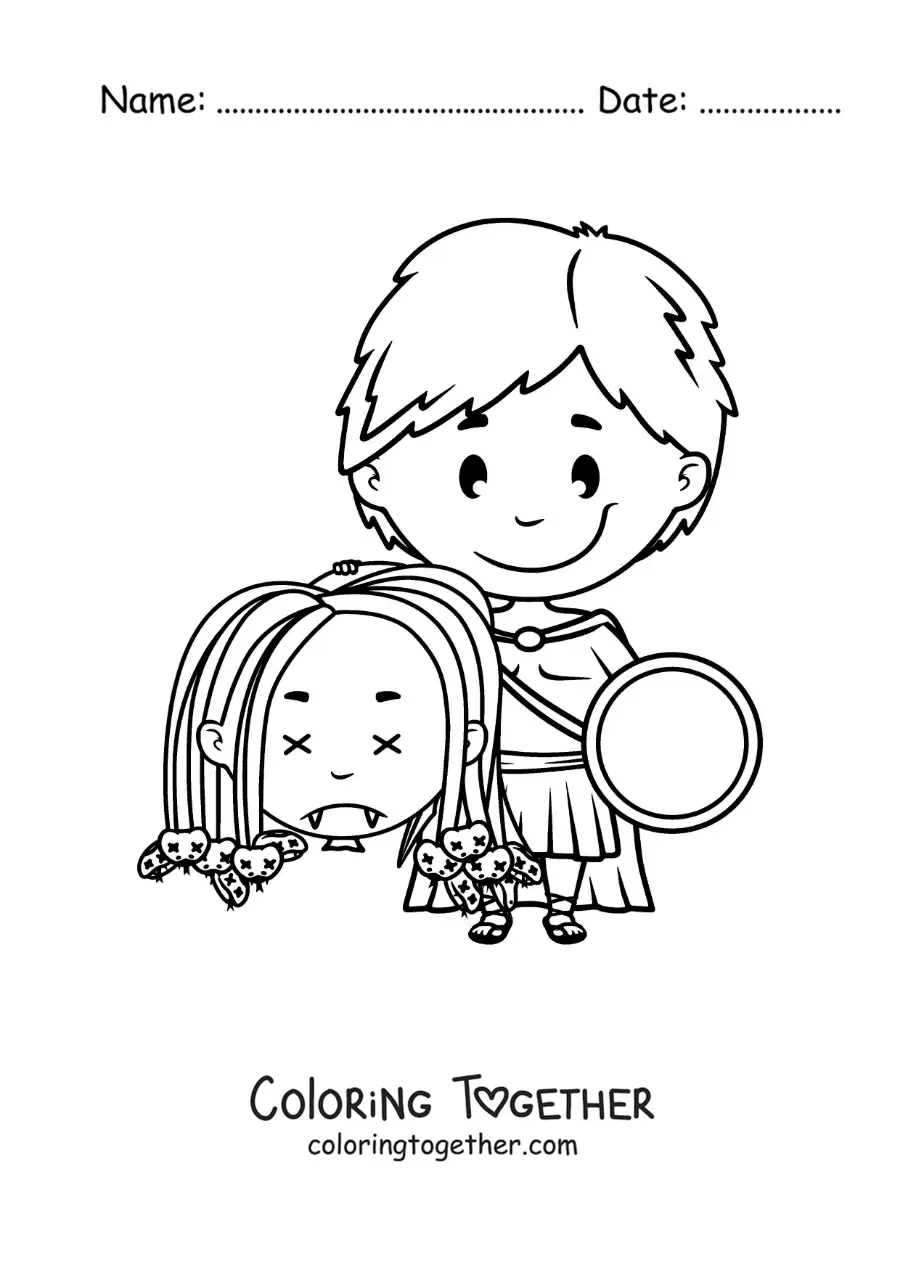 Coloring page of a cartoon Perseus with the head of Medusa