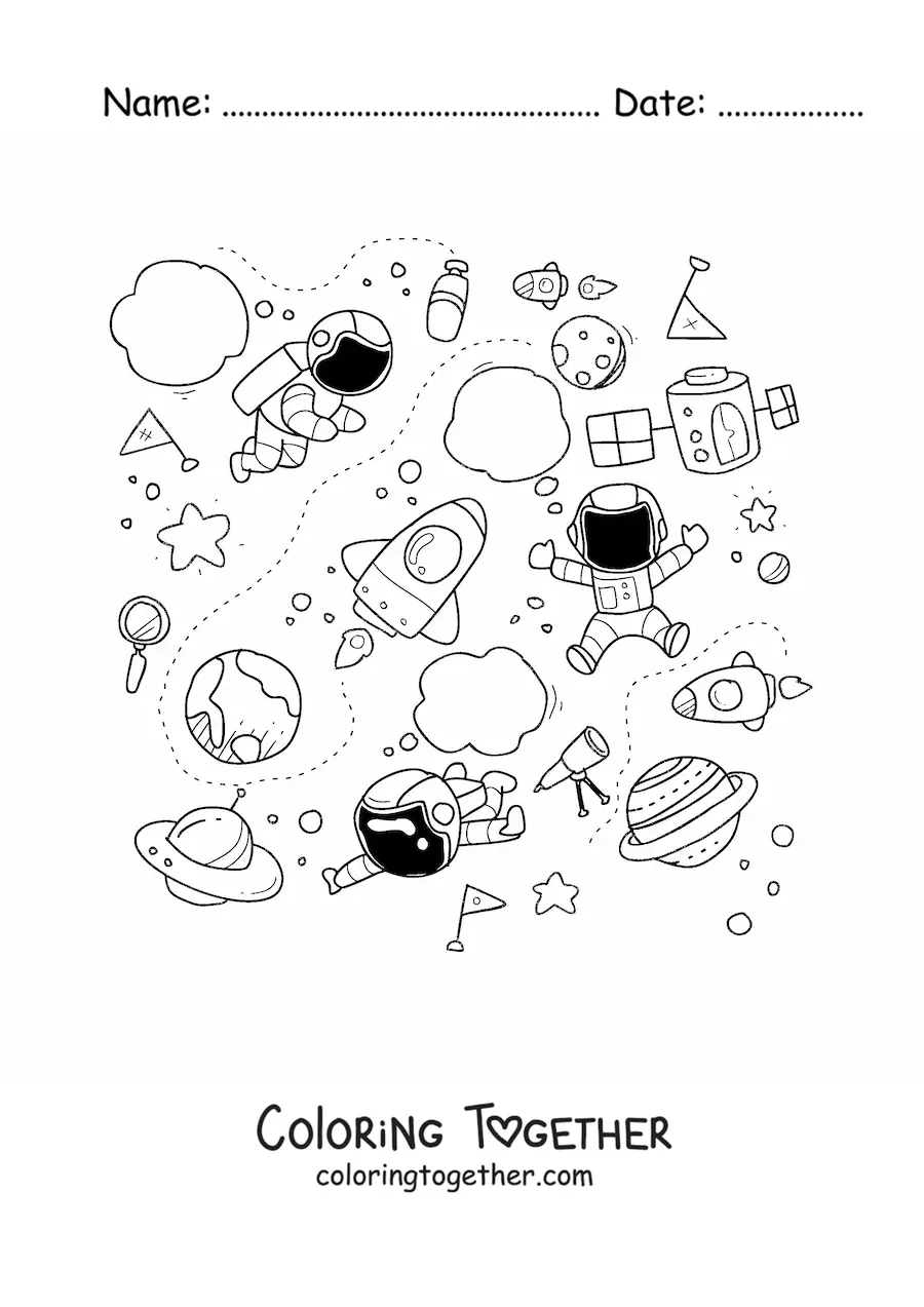 Coloring page of three animated astronauts and spaceships