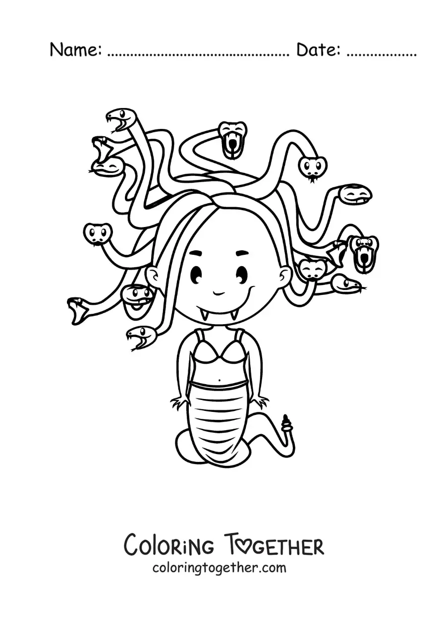Coloring page of a kawaii cartoon Gorgon