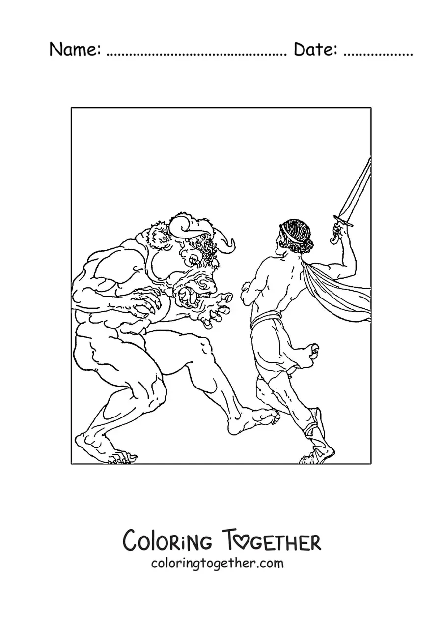 Coloring page of Theseus defeating the Minotaur