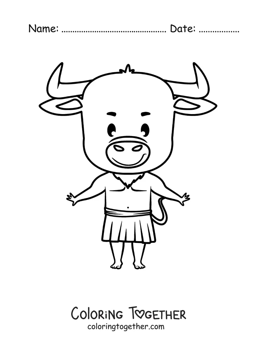 Coloring page of a kawaii cartoon Minotaur