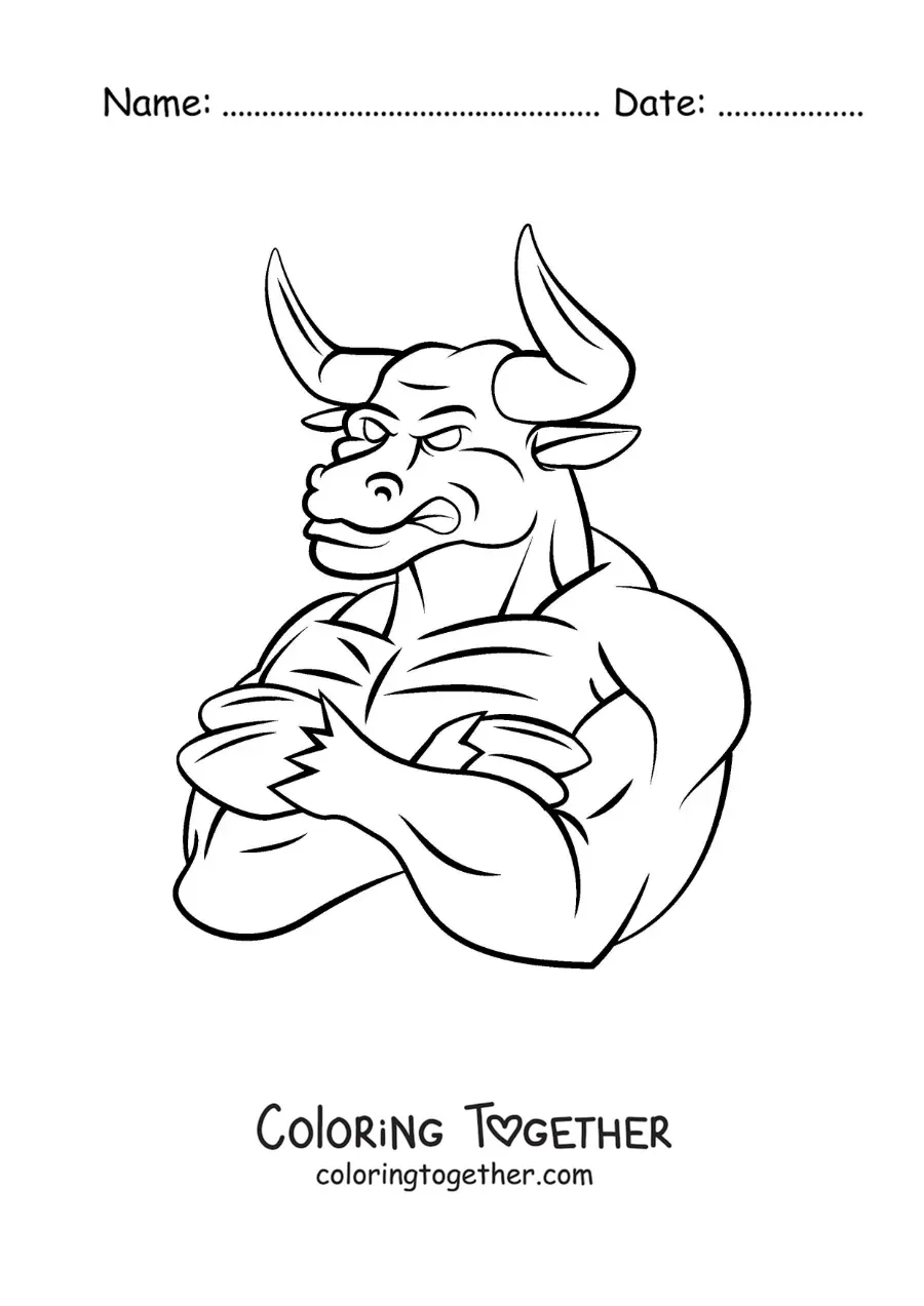 Coloring page of the angry Greek Minotaur in cartoon style
