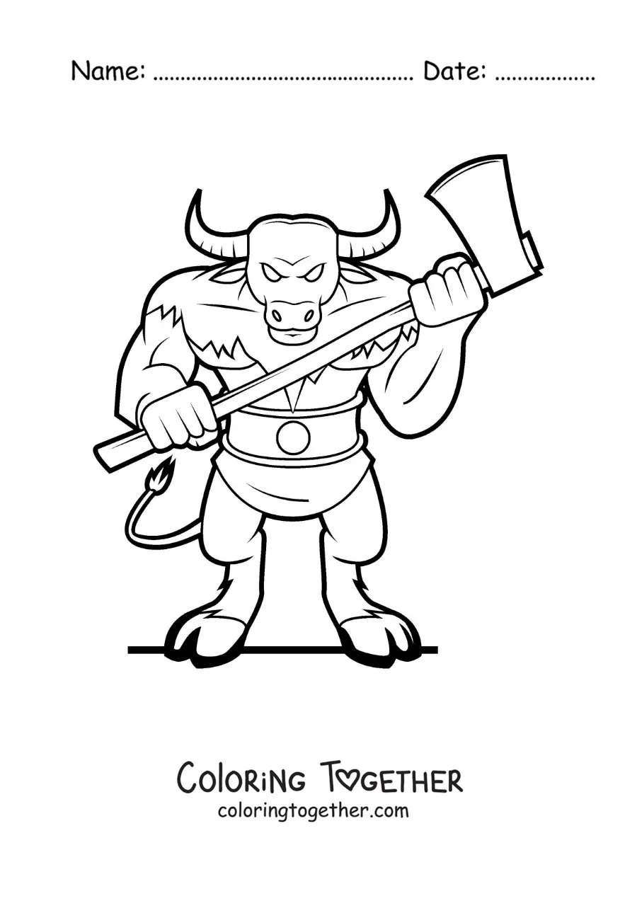 Coloring page of the Minotaur of the labyrinth with a weapon