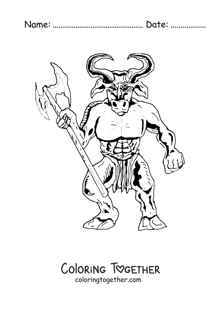 Coloring page of a scary Minotaur