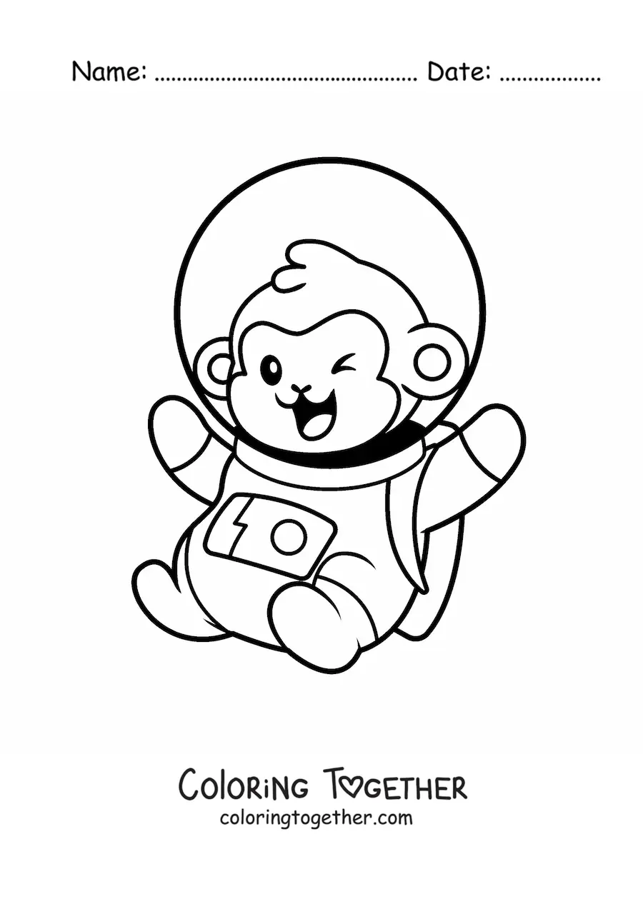 Coloring page of an animated astronaut monkey winking