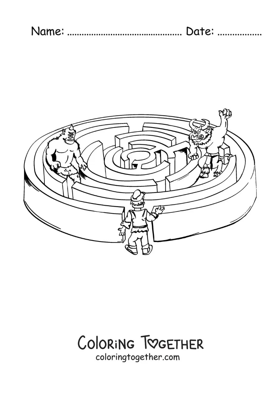 Coloring page of the cartoon Minotaur in the labyrinth