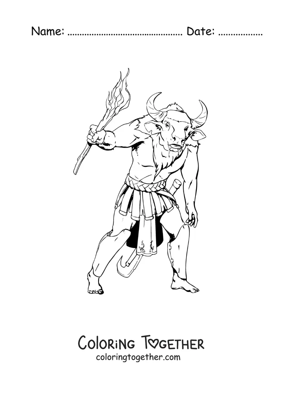 Coloring page of a realistic Minotaur