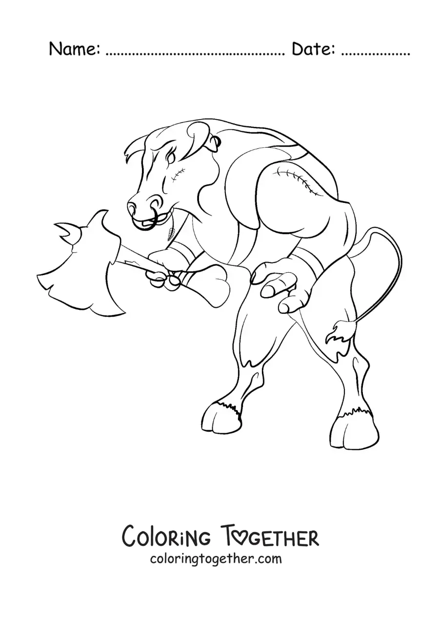 Coloring page of the Minotaur of Crete with an axe