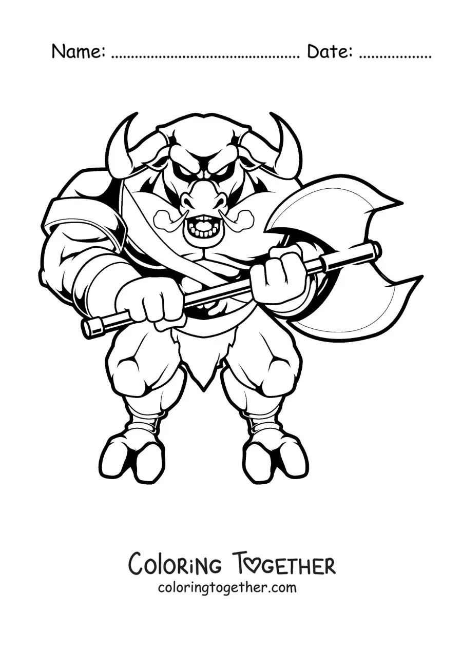 Coloring page of the fantastic Minotaur with an axe