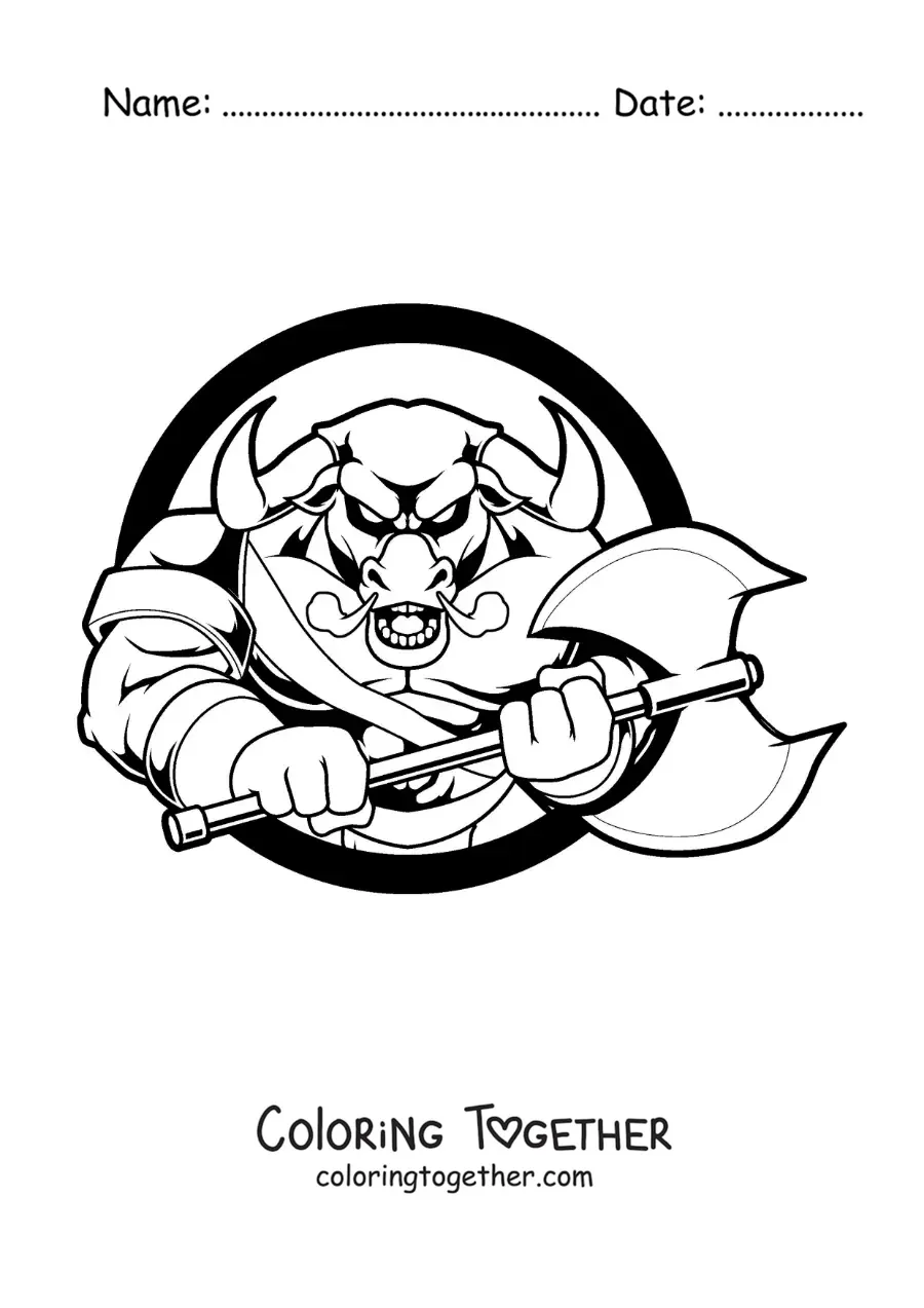 Coloring page of the Minotaur from mythology with an axe