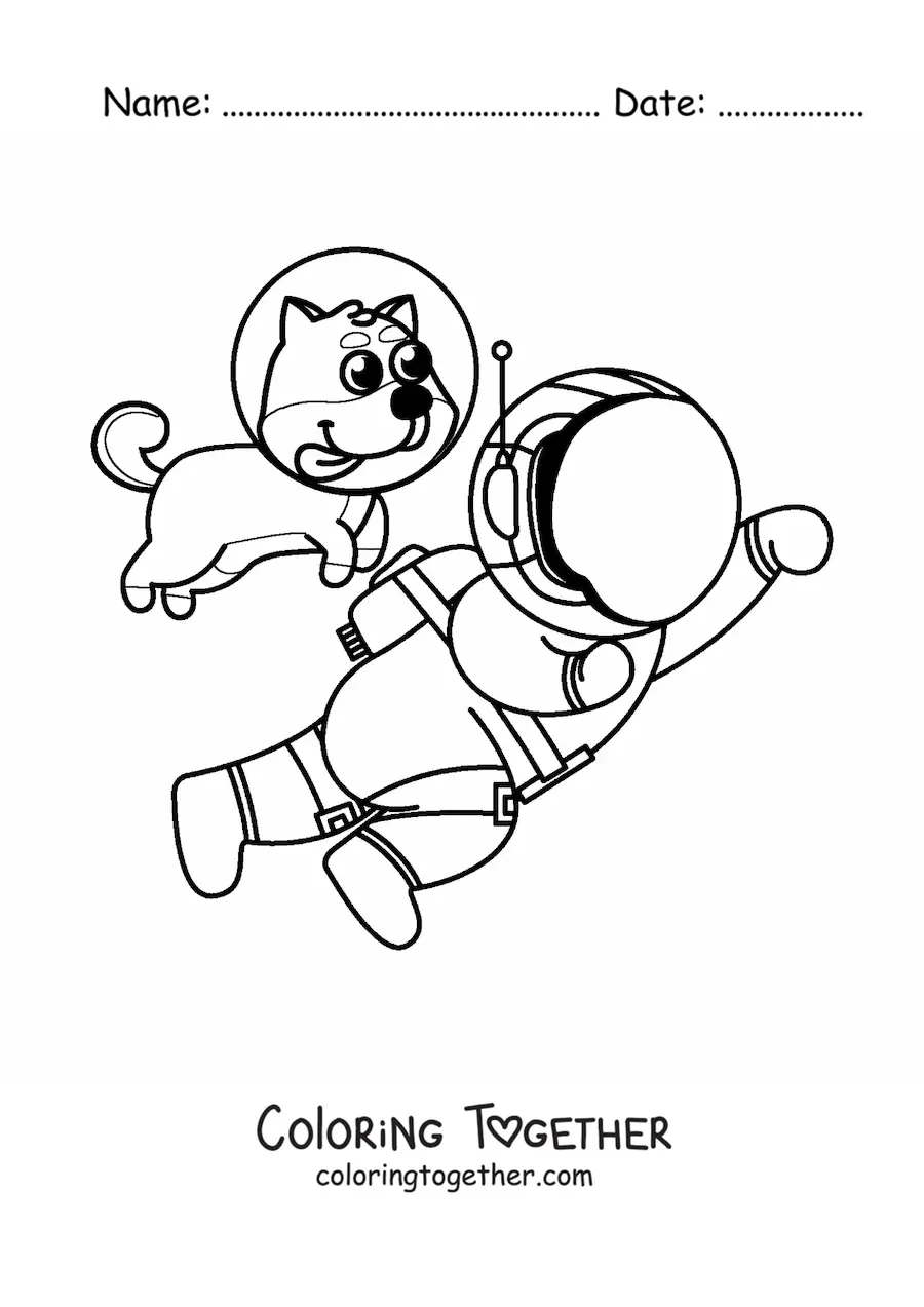 Coloring page of a dog wearing a space helmet next to an animated astronaut