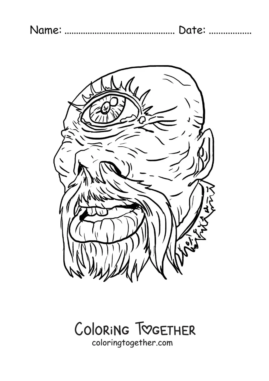 Coloring page of the face of a realistic Cyclops
