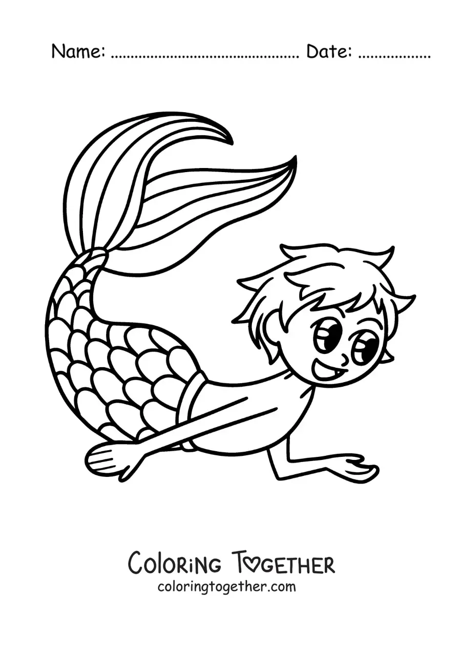 Coloring page of a cute kawaii merman swimming