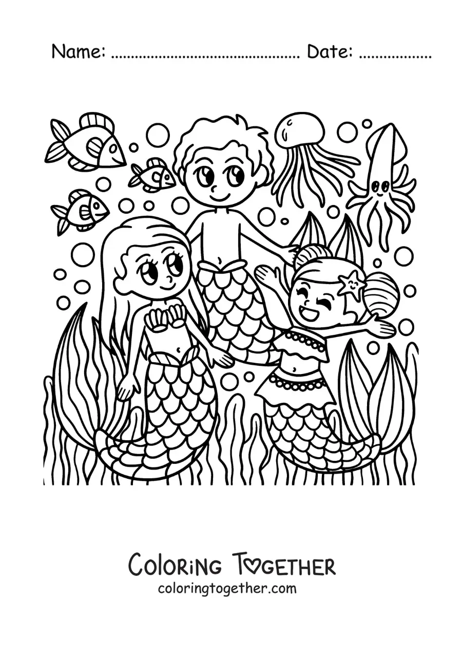 Coloring page of two mermaids and a merman in the sea