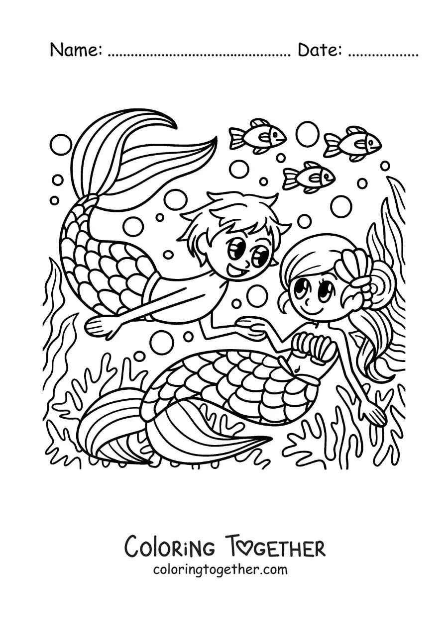 Coloring page of a merman and a mermaid couple