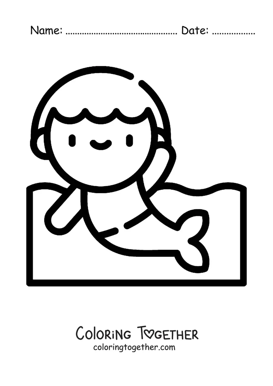Coloring page of a kawaii merman in the sea
