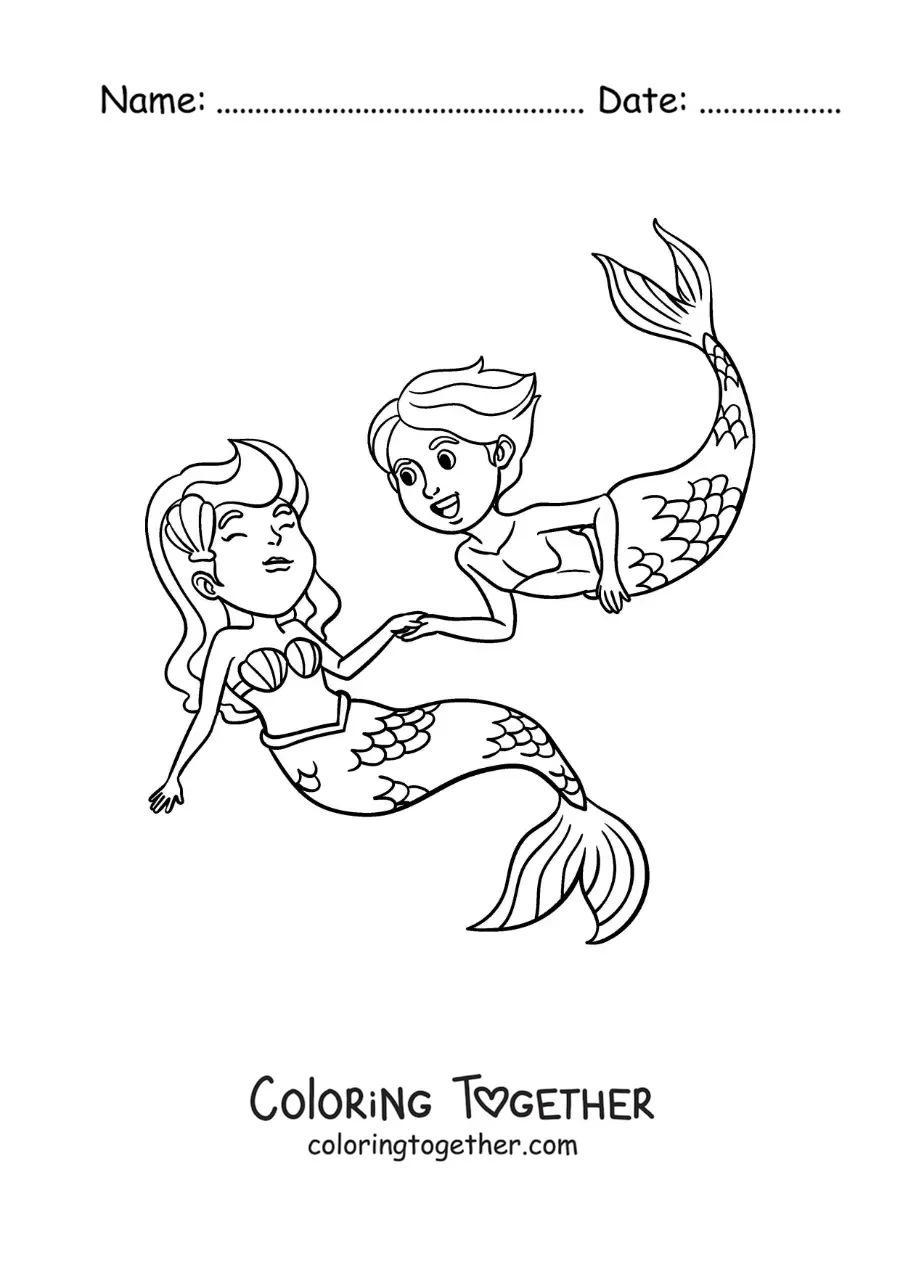 Coloring page of a mermaid and a merman