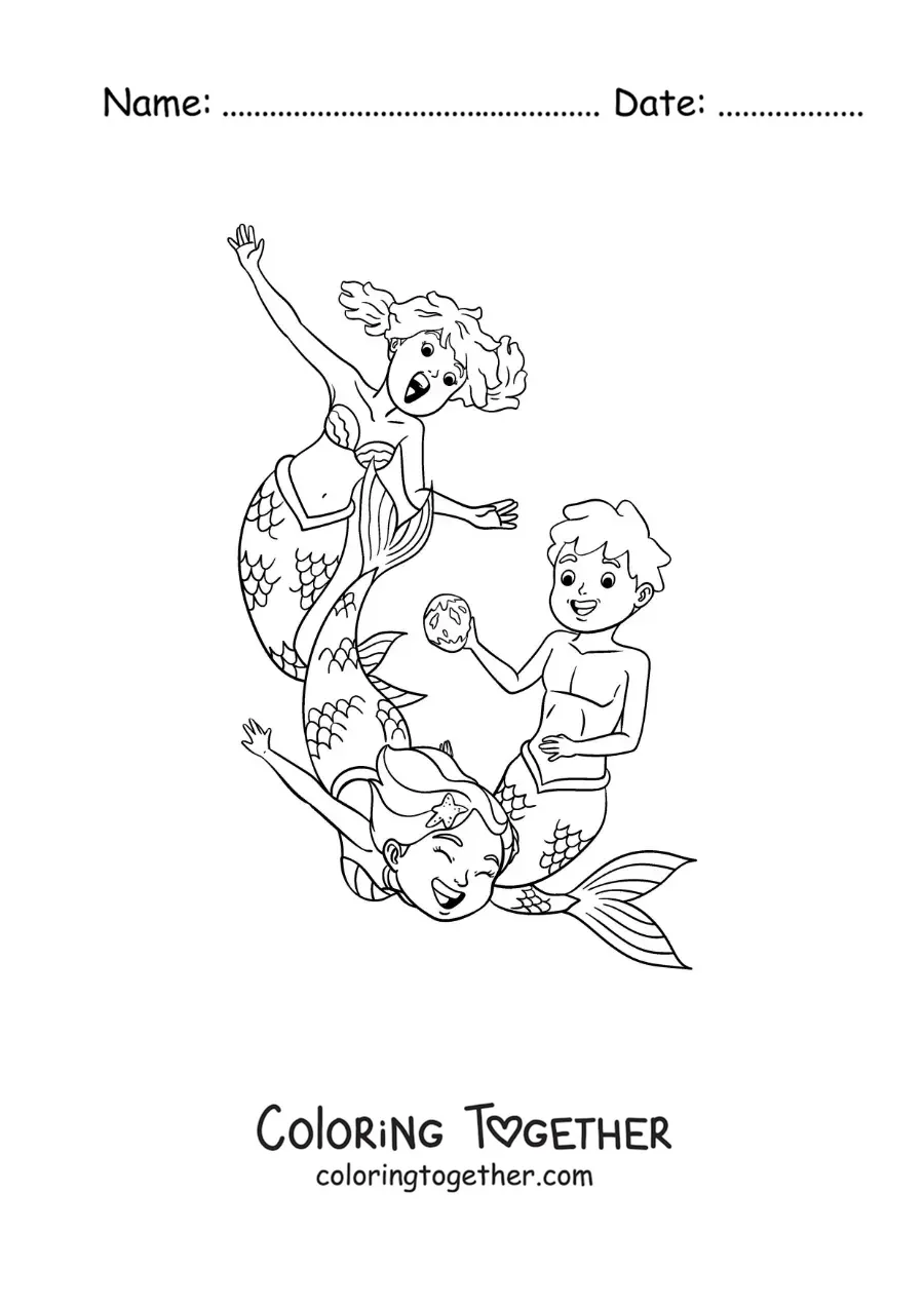 Coloring page of two mermaids and a merman playing