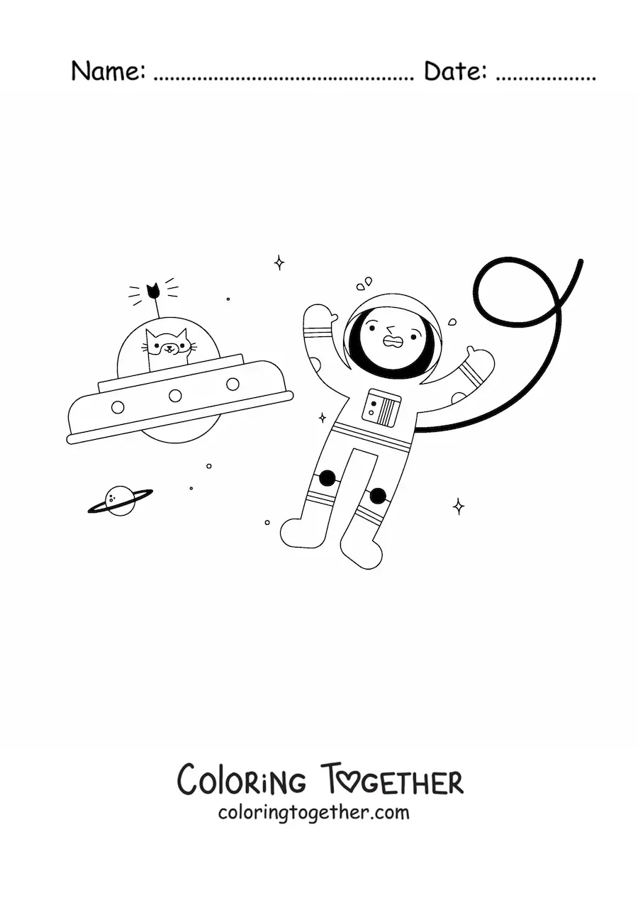 Coloring page of an animated astronaut and space cat in space