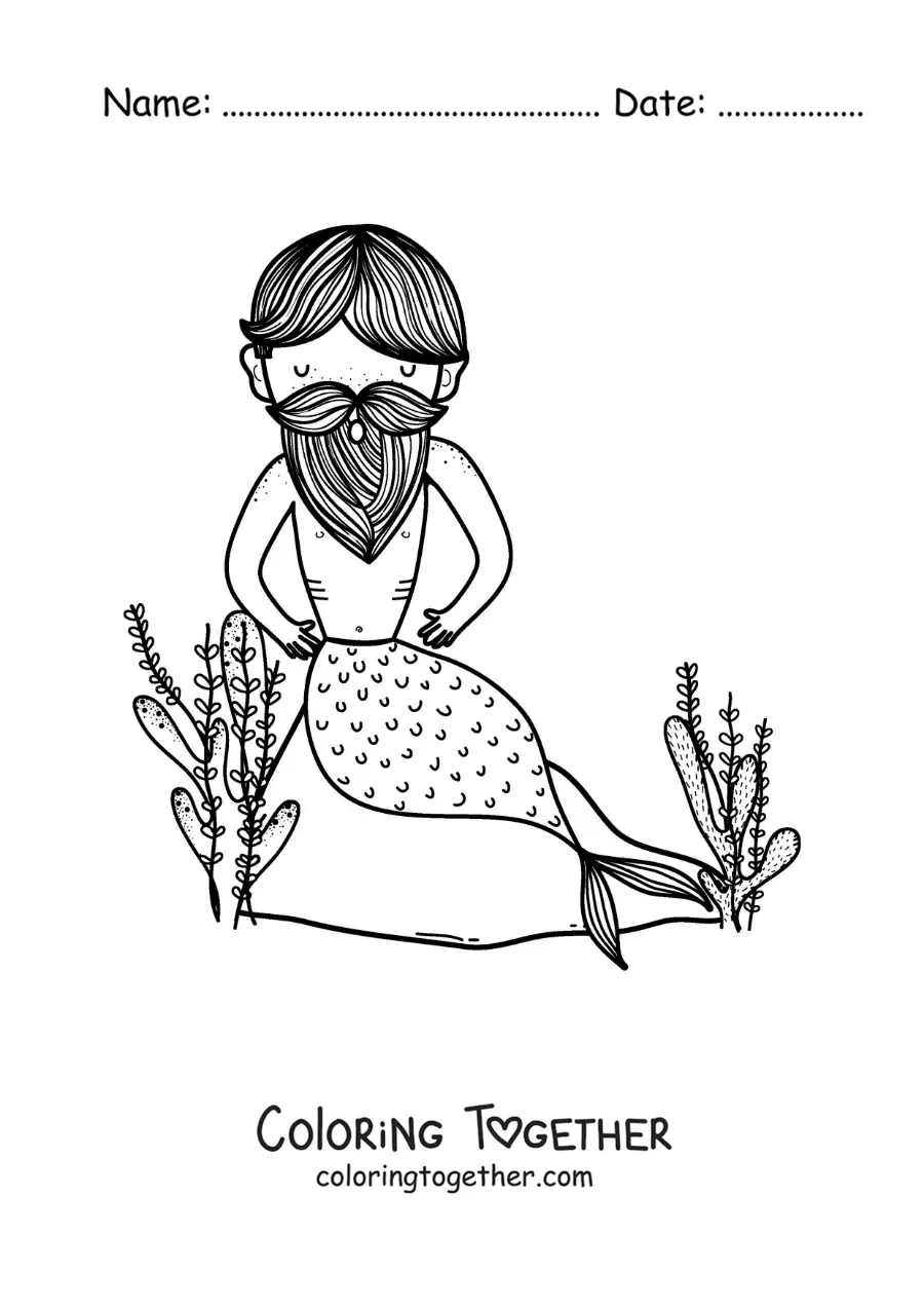 Coloring page of a bearded merman in the sea